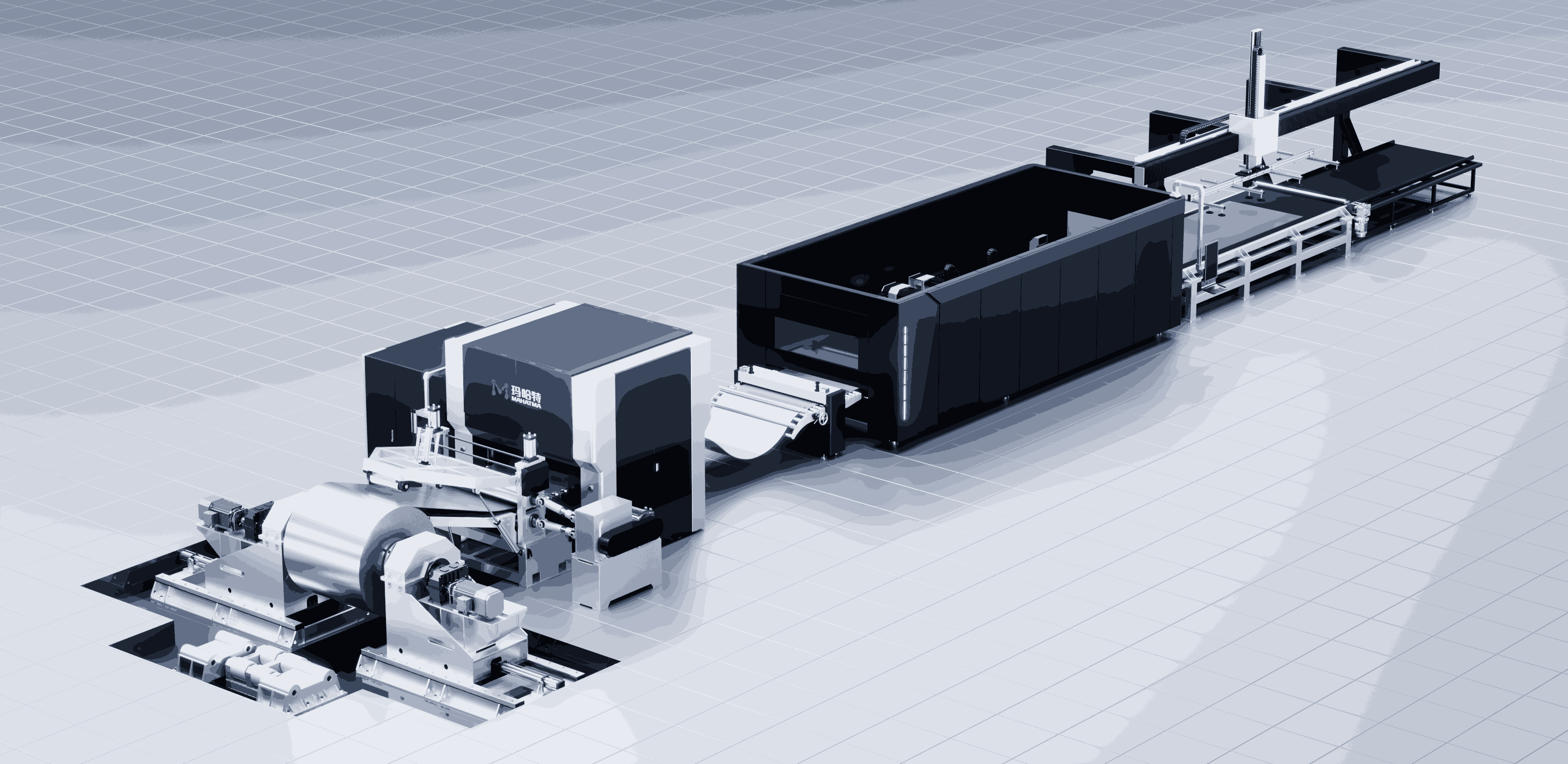 Uncoiling, leveling, laser cutting, and blanking line